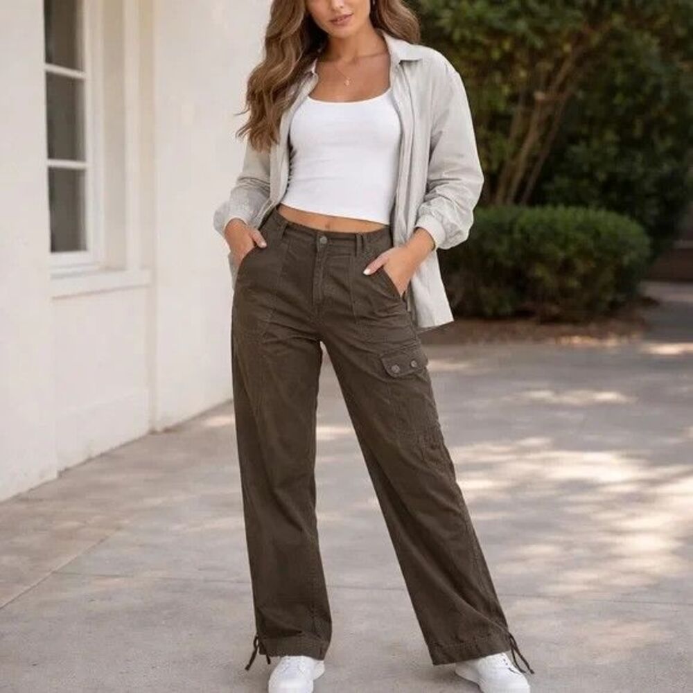 J Jill Wide Leg Corduroy Cargo Pants Women 16 Moss Green Tie Hem Lightweight NEW